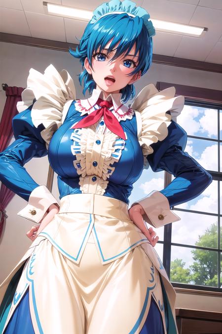 <lora:Shiiko_LoRA_AdamW_Dim64_Alpha32_5e-5_12batch_CosineAnnealingLR_NAI-000022:1>, shiiko_s, 1girl, mature female, short hair, blue hair, large breasts, maid headdress, maid, brooch, center frills, maid apron, skirt, juliet sleeves, long sleeves, wrist cuffs, open mouth, hands on hips, standing, curtains, window, window shade, dutch angle, from below, desk lamp, blue sky, cloud,