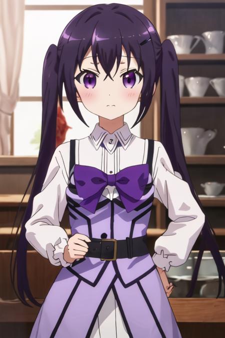 best quality, masterpiece, highres, solo, {tedeza_rize_istheorderarabbit:1.15}, purple_hair, long_hair, twintails, purple_eyes, bangs, hair_ornament, blush, hairclip, hair_between_eyes, closed_mouth, indoors