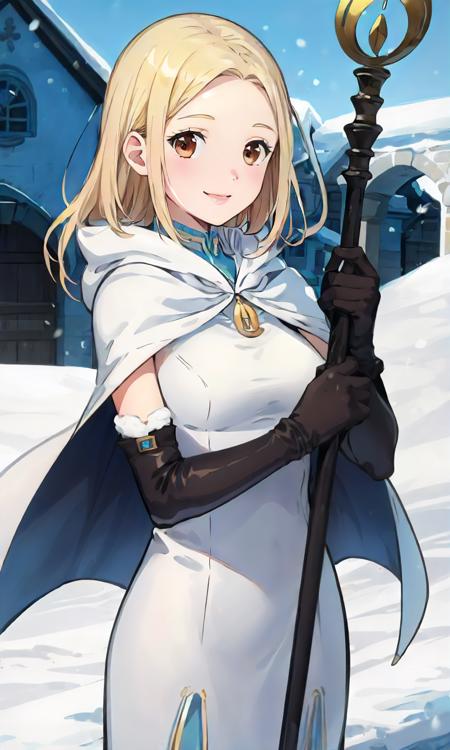 1girl, solo, standing, snow, ice, snowy town, ophilia, white dress, white cape, elbow gloves, staff, holding staff, brown eyes, smile<lora:octopath_ophilia:0.8>