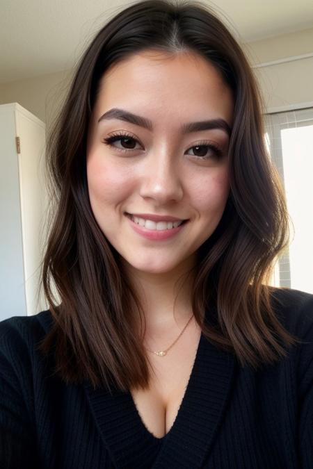 instagram photo, closeup face photo of 23 y.o Chloe in black sweater, cleavage, pale skin, (smile:0.4), hard shadows