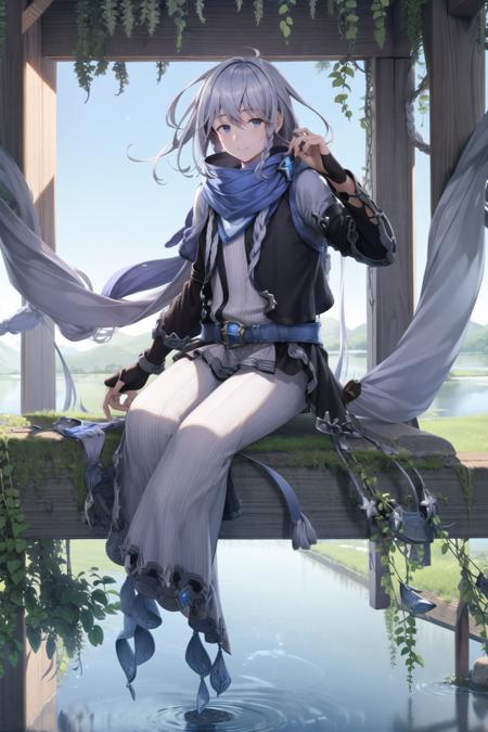 1boy, Noa_Granblue,  solo, long hair, looking at viewer, scarf, pant, braid,