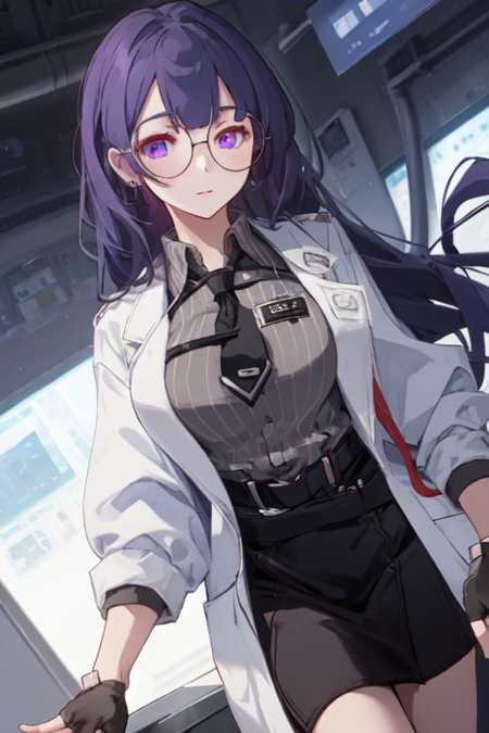 DrMEI, 1girl, solo, long hair, black skirt, large breasts, collared shirt, fingerless gloves, purple eyes, purple hair, glasses, black gloves, white coat, black necktie, sleeves rolled up, labcoat, polo shirt, 