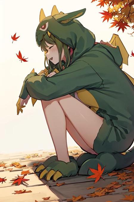 gaogaonichika, 1girl, solo, hood, bangs, green hair, fangs, animal costume, tail, wings,
closed eyes, closed mouth, hugging own legs, knees up, leaning forward, on ground, profile, sitting, solo, autumn, autumn leaves, simple background, upper body, yellow background
<lora:nichika-gao-v1.1b:1>