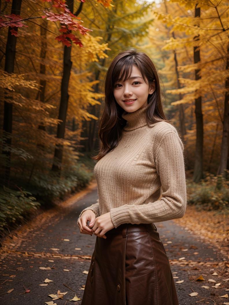 <lora:ReaLora:0.5> (realistic, photorealistic:1.37),
<lora:JP_FallForest-v1:0.8> outdoors, forest, autumn, jpfall, (red theme:1.2),
1girl, asian, brown hair, bangs,
cowboy shot, standing,
turtleneck, sweater, long skirt, looking at viewer, smile,