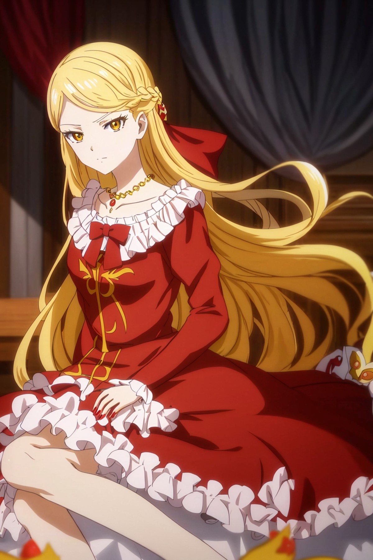 yuriarna, anime, 1girl, solo, long_hair, looking_at_viewer, blonde_hair, hair_ornament, dress, bow, jewelry, yellow_eyes, ...