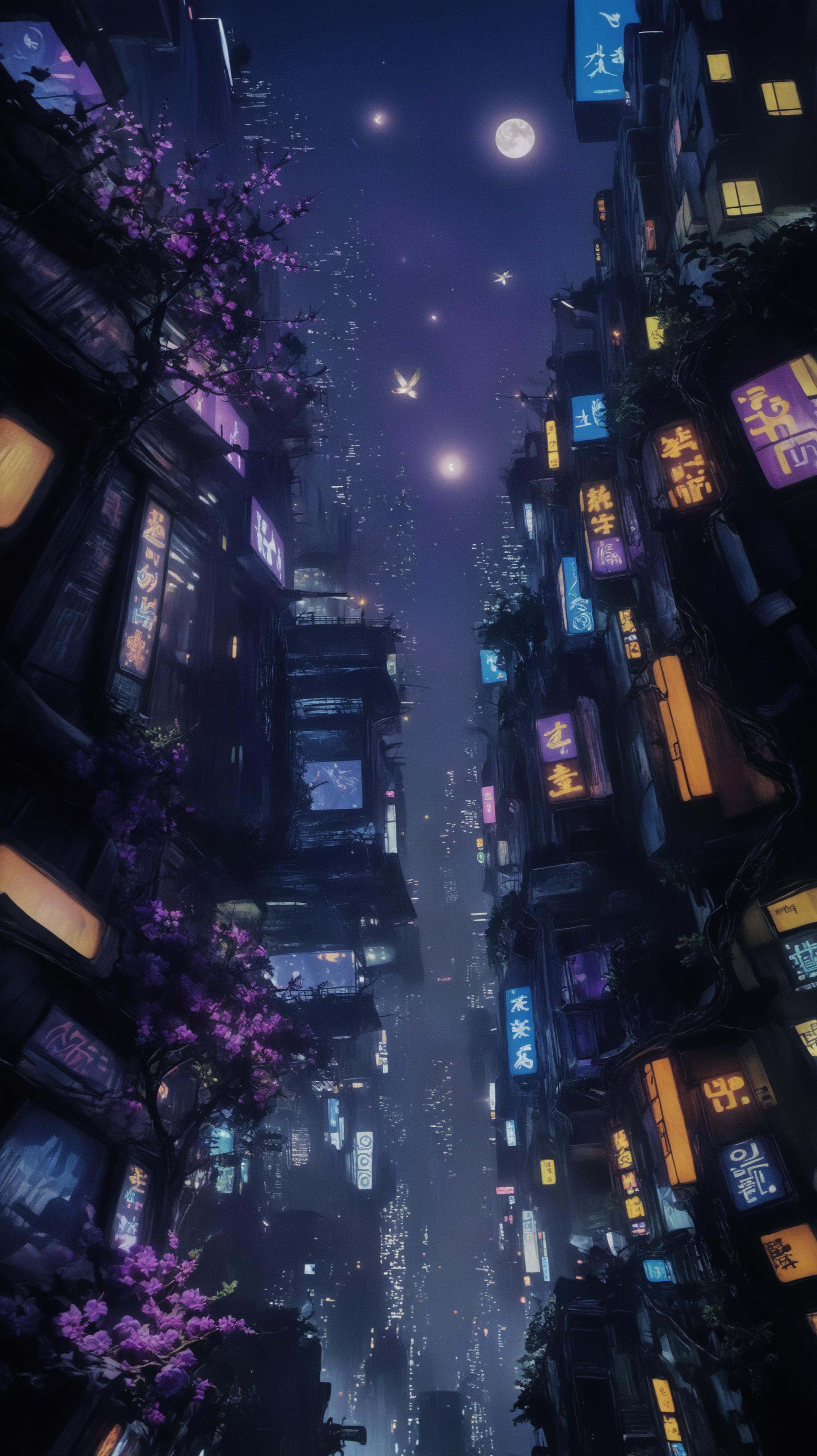A City at Night with Tall Buildings, Purple Flowers, and Chinese Characters on the Signs