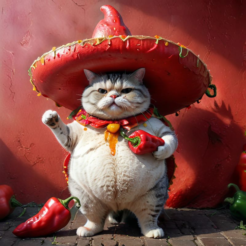A small fat cat wearing a sombrero and holding peppers.