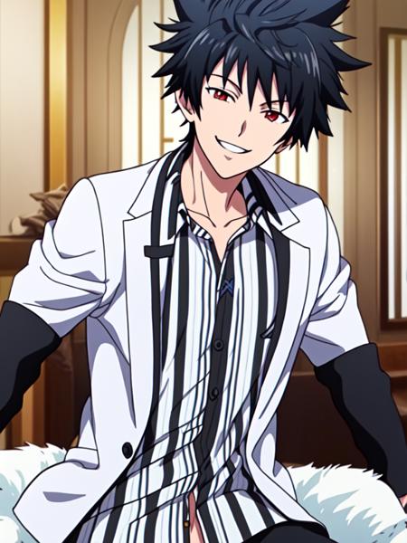 KuroishiYuuto_v1 black hair spiked hair red eyes white jacket striped shirt black fur idol clithes white shirt jewelry necktie denim