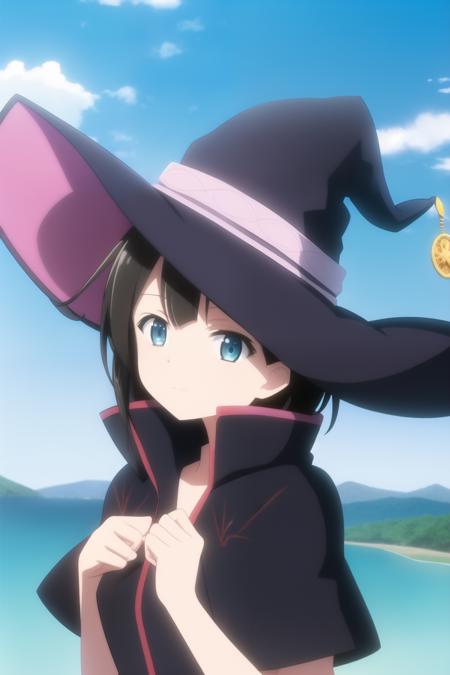 masterpiece, best quality, 1girl, saya \(majo no tabitabi\), witch hat, sky, blue sky, upper body, (v:2.4)