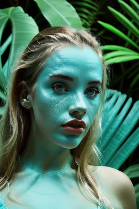 a stunning woman in a stunning light teal conservative dress, in a jungle paradise, cinematic lighting, (stunning eyes, extreme close up), perfect face, no makeup, raw, 8k uhd,  <lora:juultjeTieleman:1>