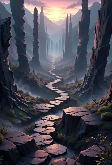 A breathtaking, hyperrealistic digital painting, a surreal, dreamlike landscape, rendered in a whimsical pastel color palette. The planet’s surface is intensely marbled bizarre pillars of stone , casting ethereal shadows across the scene. In the sky clouds drift over the eerie landscape, Below, a sinuous, winding path constructed of polished, smooth crystal material spirals downwards towards the viewer, leading into a dense forest of stone trees, In the far distance is mountain of obsidian, creating a hazy, dreamlike atmosphere., dramatic volumetric lighting, creating a sense of vastness, adventure, and intense exploration – 8k resolution, trending on ArtStation. SDXL_POS, flux-style, aidmamj6.1,