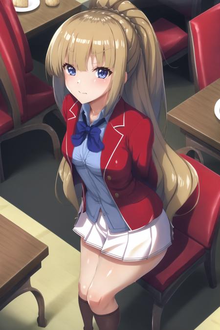 1girl, solo, (youjitsukei), white skirt, brown footwear, miniskirt, pleated skirt, school uniform, red jacket, looking at viewer, table, chair, arms behind back <lora:youjitsukei-000014:1>