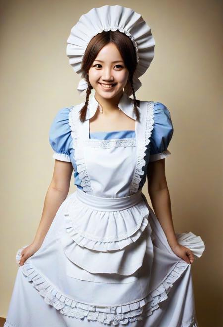 masterpiece, very aesthetic, absurdres, newest, 1girl, cowboy shot, maid, mad-shingles dress, long dress, white apron, maid headdress, holding skirt, smile