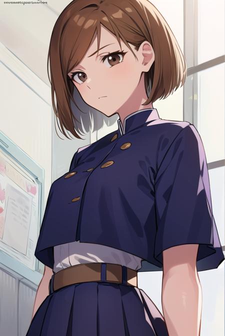 nobarakugisaki, <lyco:nobarakugisaki-LYCORIStest:1>,
nobara kugisaki, bob cut, (brown eyes:1.5), brown hair, lips, short hair,
BREAK belt, brown belt, brown pantyhose, crop top, crop top overhang, jujutsu tech uniform, pantyhose, pleated skirt, shirt tucked in, skirt, blue skirt, blue crop top,
BREAK looking at viewer,
BREAK indoors, classroom,
BREAK <lora:GoodHands-vanilla:1>, (masterpiece:1.2), best quality, high resolution, unity 8k wallpaper, (illustration:0.8), (beautiful detailed eyes:1.6), extremely detailed face, perfect lighting, extremely detailed CG, (perfect hands, perfect anatomy),