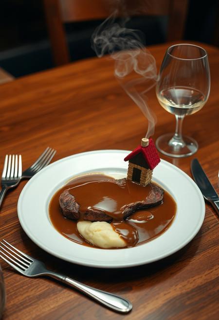 a plate of food on a polished wooden table, the plate of food is a scene, mountains, gravy lake, a tiny house  made of steak with smoke coming from the chimney, fork and knife on the table, wine glass next to the plate, the mashed potatoes are egges potaitos