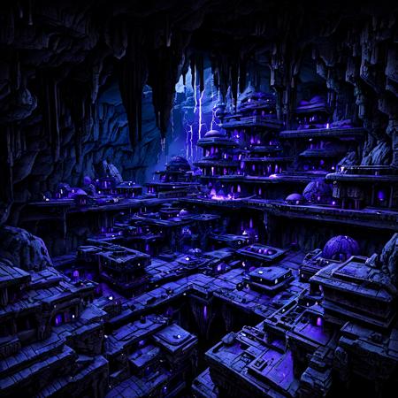 deep dark underground cave, pitch black, a crowded technobrutalist sprawling multi-level Drow city deep inside a cave, multilevel gray buildings that grew out of rock, black ornate stone roofs, the cave is only lit by small floating hovering flying spheres of purple flame, everything is made of stone, stalactites, stalagmites, 
hyperrealistic art cinematic film still photography in the style of detailed hyperrealism photoshoot, R. A. Salvatore, James Christensen, bold lines, hyper detailed, highly detailed, high budget, cinemascope, moody, epic, gorgeous, film grain, grainy, extremely high-resolution details, photographic, realism pushed to extreme, fine texture, ultra wide depth of field, deep depth of focus, wide shot, <lora:d\EnvyTechnobrutalistXL01:1>,  <lora:sss:1>, <lora:- SDXL - vanta-black_contrast_V3.0:0.5>,