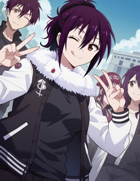 hana kirisaki, purple hair, brown eyes, ponytail, short hair, hair between eyes, medium breasts, formal, suit, office lady, fur trim, earrings,