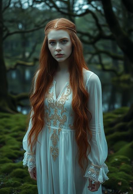 A beautiful woman with pale skin, very long auburn hair, thing gold metal hairband, white see-through dress embroidered with thin gold threads, long sleeves, bare foot, oaken woodlands, covered with moss ground, lake, eerie atmosphere, full view
