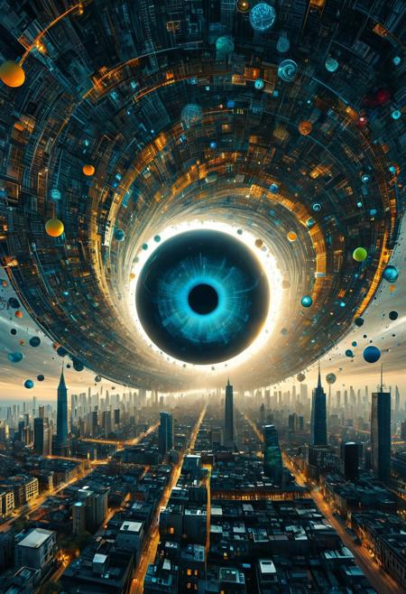 Create an artistic and conceptual photograph that showcases a close-up, slightly skewed perspective of a futuristic city scene, viewed from the left corner and taken from below, resembling a unique aerial view. The main focal point is a massive, eye-shaped structure with a spiral, shell-like formation, layered with cities and colonies of varying sizes resembling a city-tree.
Surrounding the eye, multiple spheres of different sizes and colors float, interconnected by lines that evoke the feel of atomic or molecular models. The eye structure features a perspective view of walls adorned with Mendeleev's periodic table, diverse symbols, and intricate diagrams. Numerous black dots and numerical figures cascade from every direction, representing the digitized world.
Incorporate elements of geometry, algebra, and Latin letters, contrasting the color palette of white, black, and vibrant, juicy hues. The lighting should be soft and uniform, emphasizing the textures and contrasts between varying colors.
Set against a pristine, white, and neutral backdrop, the image exudes a sense of cleanliness, sophistication, and symbolism. The overall aesthetic is mystical, mysterious, and somewhat alarming, while maintaining a surrealistic and futuristic atmosphere. The style is reminiscent of science fiction, with an emphasis on isometric fantasy and abstract architecture.