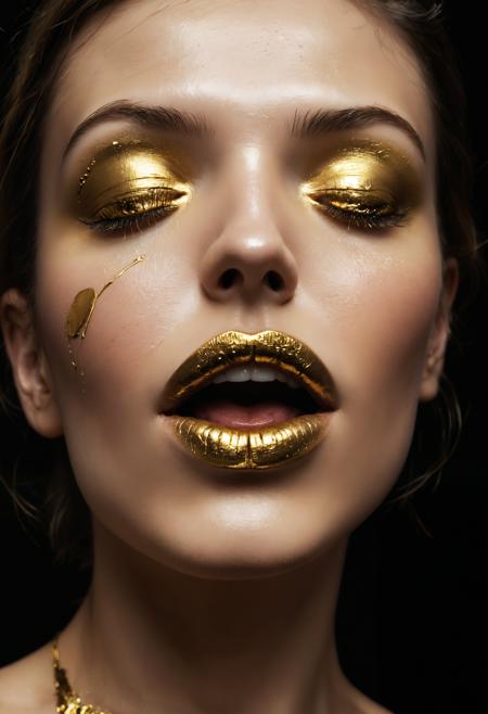 a portrait of a woman, golden make-up, closed eyes, beautiful face expressions
