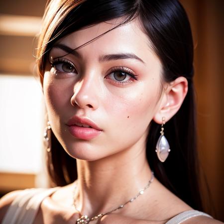 (8k, RAW photo, best quality, masterpiece:1.2), (realistic, photo-realistic:1.37), portrait photo of kaoru_sayama-4000, 1girl, professional lighting, photon mapping, radiosity, physically-based rendering, blush, necklace, earrings, exquisite makeup