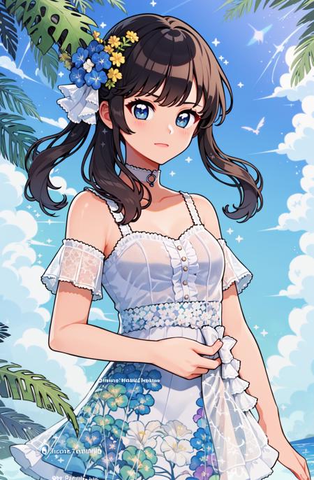 masterpiece, best quality, 1girl, solo, upper body, water, tropical, standing, modern clothes