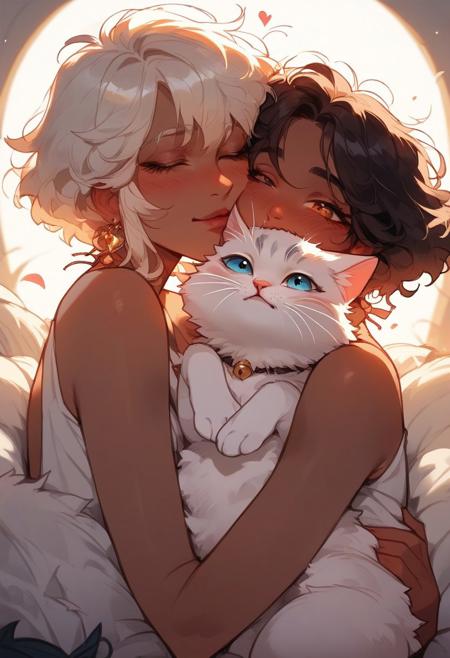 score_9, score_8_up, score_7_up, score_6_up,  <lora:p3tl0v3XLP:1> p3tl0v3, 1girl, dark skinned female, hugging a white cat