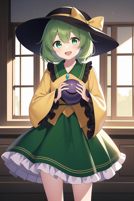 1girl, komeiji koishi, solo, hat, green eyes, green skirt, green hair, third eye, skirt, wide sleeves, shirt, long sleeves, open mouth, frills, short hair, holding, yellow shirt, black headwear, smile, window, frilled sleeves, eyeball, looking at viewer, frilled shirt collar, hat ribbon