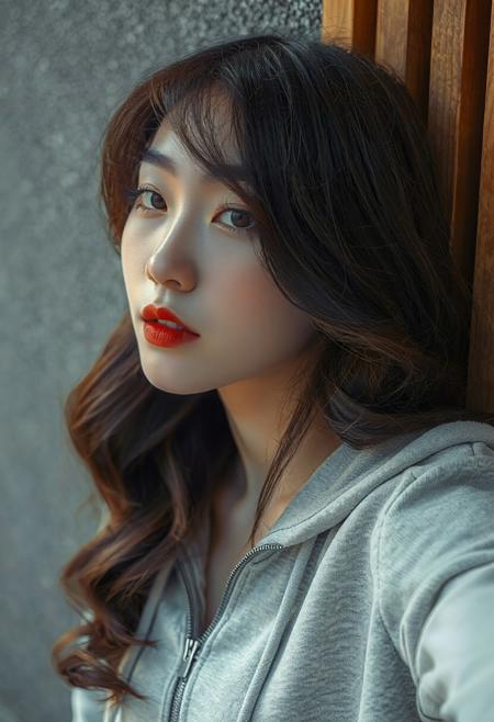 DLSR photograph, slender, beautiful  26 year old korean model . Pale skin, 
lighting<lora:MoriiMee_Gothic_Niji_Style_FLUX:0.3500000000000001> <lora:AsirAsianPhotographyflux:0.7000000000000002>
"A close-up selfie of a young woman with long, dark brown wavy hair. She has fair skin, delicate facial features, and is wearing subtle eye makeup with a touch of pink blush on her cheeks and bold red lipstick. She is wearing a light gray zip-up hoodie. The background is slightly out of focus, showing a textured gray surface and a glimpse of vertical wooden panels in warm tones. The lighting is soft and even, highlighting her features. The overall mood is serene and slightly glamorous."