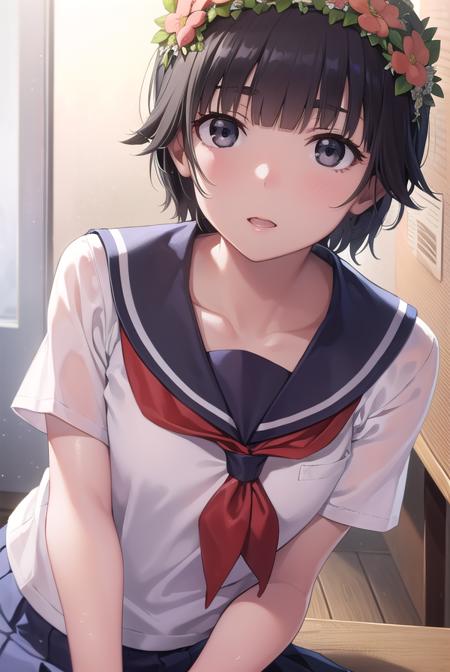 uiharukazari, <lyco:uiharukazari-lyco-nochekaiser:1>,
uiharu kazari, (black eyes:1.5), black hair, flower, hair flower, hair ornament, head wreath, short hair, bangs, blunt bangs,
BREAK armband, sakugawa school uniform, school uniform, serafuku, skirt, summer uniform, neckerchief, red neckerchief, blue sailor collar, blue skort, short sleeves,
BREAK looking at viewer, upper body, fully body,
BREAK indoors, classroom,
BREAK <lyco:GoodHands-beta2:1>, (masterpiece:1.2), best quality, high resolution, unity 8k wallpaper, (illustration:0.8), (beautiful detailed eyes:1.6), extremely detailed face, perfect lighting, extremely detailed CG, (perfect hands, perfect anatomy),