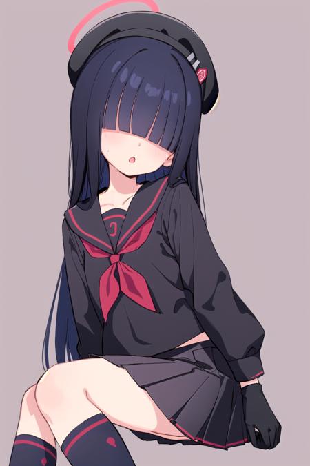 <lora:JTFMob_BA:1>
1girl, jtfmob, halo, hair over eyes, black hair, long hair,
beret, serafuku, black shirt, miniskirt, black socks, black gloves, black shoes, :o, head tilt,