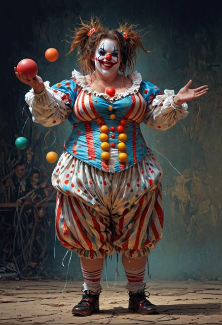 1girl, (solo:1.1), woman, clown, (slightly chubby:0.8, brown hair, long hair, tied hair, cleavage(natural large sagging breasts), covered nipples, blush, mouth a bit open, smile, (very thight clown costume:1.2), clown makeup, focused, juggling with balls, Arms lifted  hip high, Palma of Hands facing upwards, circus background, perfect anatomy, approaching perfection, dynamic, highly detailed, smooth, sharp focus, art by Carne Griffiths and Wadim Kashin, trending on artstation, sharp focus, intricate details, highly detailed, by greg rutkowski, mysterious, epic, cinematic, digital art, 4k,   <lora:EpicF4nta5yXL:1>