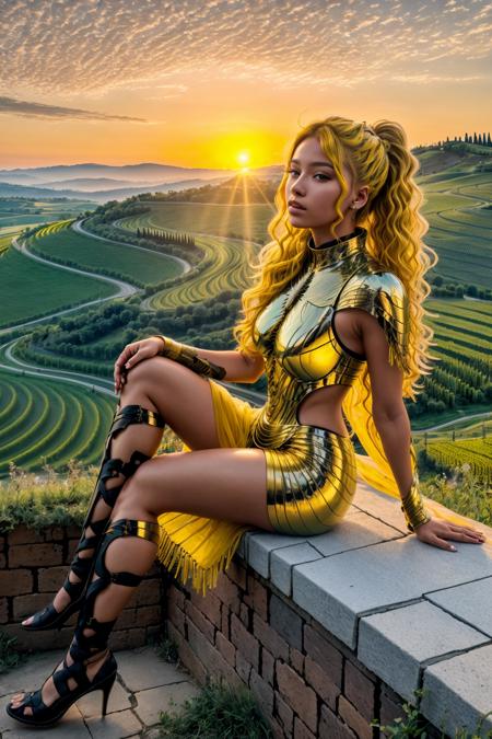 <lora:NeWHaDeSaRMoR_v2-000003:1> chndsrmr, beautiful girl in Sawgrass Brown nhdsrmr, fringe yellow hair, butterfly sitting, Sunrise over Tuscany Vineyards background