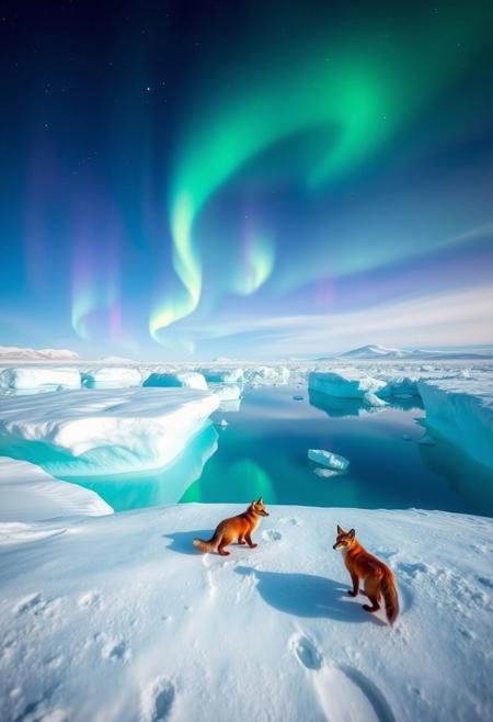 A breathtaking shot on the polar glacier: Panoramic view of the azure icebergs reflecting the vibrant aurora borealis, casting an ethereal glow across the vast snowy expanse. In the distance, wispy trails of green and purple lights dance in the night sky, as a few Arctic foxes stroll leisurely, their fur blending seamlessly with the icy landscape.