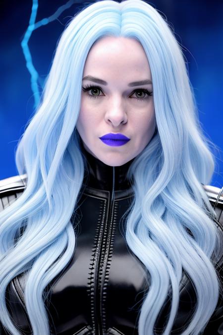 (photo realistic), photo of (DaniellePanabaker) with (long white wavy hair:1.2), (dark blue lipstick), white skin, wearing a (black blue intricate outfit with a mini skirt and a long jacket),  with a star logo on her belly,  wearing (thigh high high heel boots),  standing with her hand glowing by her head and ice vapor emanating from her hand and mist around her feet, blue ice mist background, (detailed white pupils:1.3), (matching eyes:1.3), sharp focus, bokeh, 4K, HDR,  accurate shadows, ((hips)), (very high quality)