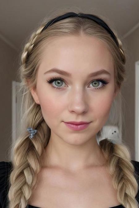 (the rule of thirds), disney frozen animation movie,masterpiece, highres, 4k, 1girl, blush, solo, photo, photography, anna frozen, very close,indoor princess room,simple background photo, (((wears black dress)), ((ultra sharp, tack sharp)), <lora:elsa_of_arendelle_v1:0.8>,elsa_of_arendelle,single_braid, elsa \(frozen\), eyelashes, eyeshadow, hair tie, lips, looking at viewer, makeup, nose, dark lips, single braid, flower in hair, closed mouth smile,living room