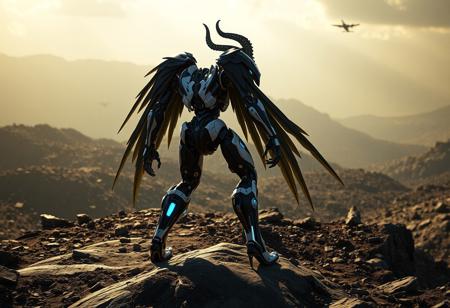 A powerful details Vulcan divine robot, rendered in sharp black/white with vibrant blue/yellow accents, stands in a dynamic pose atop the harsh, contrasting terrain of a Harpies' Hunting Ground, head turned, surveying the scene. Creative cinematic angle, captivating lighting, golden ratio composition, deep focus. Highly detailed 4K render, Octane, Unreal Engine 5, matte painting, CGSociety, trending on Artstation, contemporary aesthetics, handcrafted precision.