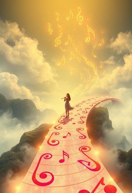 "Whimsical scene: a lone figure walks along a winding bridge composed of vibrant, swirling music notes that stretch across a misty, dreamy landscape. The person is playing a magical pan flute, its pipes shimmering with stardust. As they play, more music notes materialize from the sky, coalescing into a path that extends before them, guiding their journey. The atmosphere is ethereal and enchanting, with soft, feathery clouds and a warm, golden light. Style: fantastical, dreamlike, with intricate details and textures."