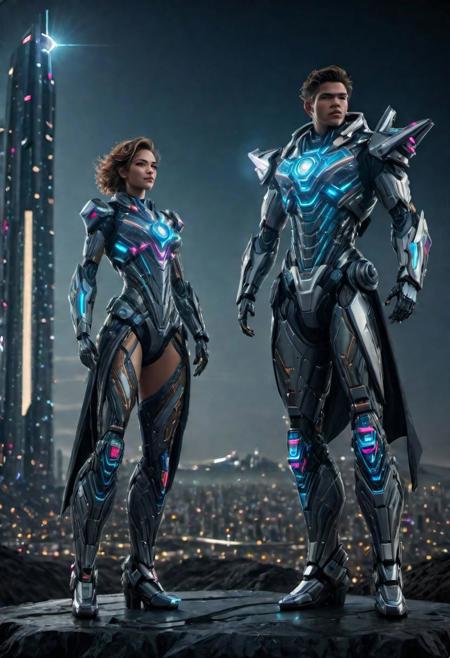 (((full body shot:1.2))), low key off-center composition, high DOF, panoramic shot, 8k UHD, photoshop RGB color, wide angle action shot <lora:add_detail:1>, night sky full of stars:1.1, two full figure cyborgs, female and male, with futuristic design, neon accents, set against a future skyline | BREAK | fashion shot, pictorialist style, sharp focus, film grain, artistic portrayal of cyborgs, emphasizing the blend of technology and human-like elegance, set in a stylized future environment.