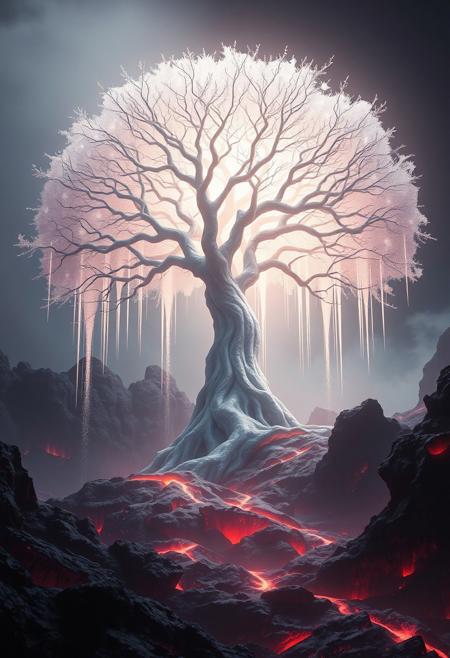 Beautiful and insanely detailed image of a magical white tree in lava by Titian and Artgerm. Intricate, dark, elegant, fantastical and glowing mist. Beacon of hope, surrounded by chaos and malice. Beautiful, highly detailed, dramatic lighting, sharp focus, trending on Artstation, ArtstationHD, ArtstationHQ, DeviantArt, Unreal Engine, 8k, full resolution, psychedelic dripping colors, neon, ultra realistic, photorealism, photorealistic, ultra detailed.