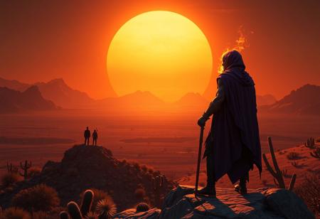 Cinematic fantasy, highly detailed 4K, trending on Artstation, CGSociety. A muscular figure in a purple hooded cloak, face obscured by a Supersonic Skull Flame, holding a staff, stands on a rocky outcropping overlooking a vast desert landscape with mountains and cacti. A large orange sun sets, casting a warm dramatic glow. Two silhouetted figures in the distance add scale. Matte Painting, Octane Render, Unreal Engine 5, impeccable composition, golden ratio, creative angle.