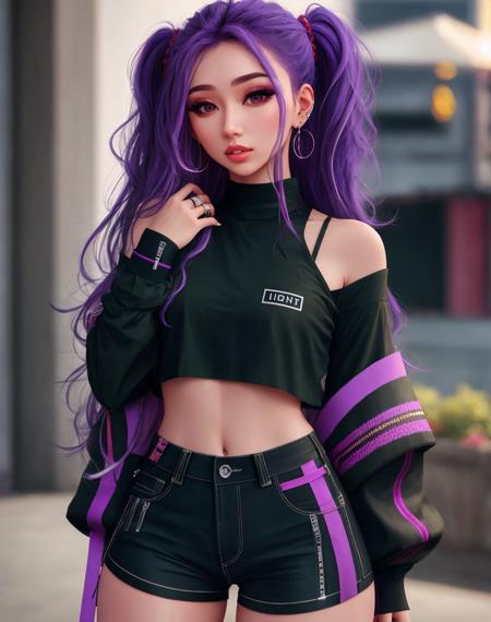 4K, Masterpiece, highres, absurdres, 1girl, solo, long hair, skirt, shirt, long sleeves, jewelry, purple hair, multicolored hair, earrings, parted lips, shorts, blurry, bracelet, lips, crop top, see-through, looking to the side, black shirt, makeup, blurry background, black shorts, piercing, ring, realistic, hand on own shoulder, wearing Urban_Gal,
 <lora:edgAUG_mini:1>