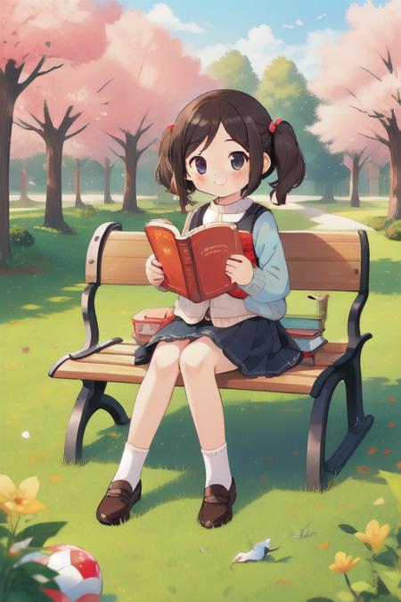 (masterpiece), (best quality), (extremely detailed), photo realistic, ((A child,small cute plush ball erringsï¼pigtailsï¼jumper skirt, A charming smile, reading picture-story book)), Parks, lawns, cherry trees, benches,