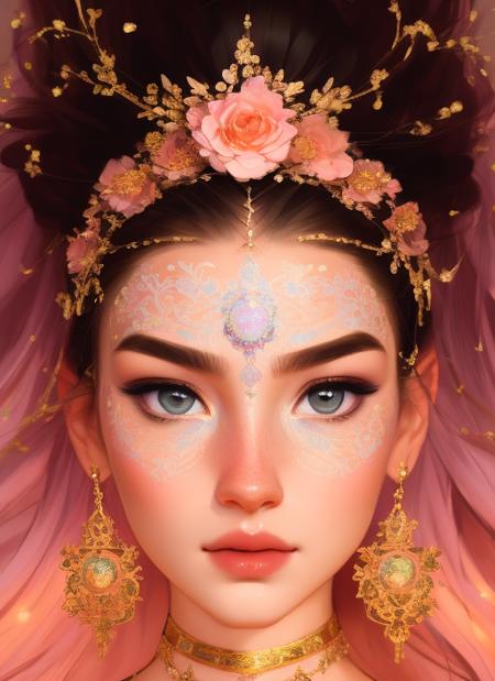 samdoesarts style (symmetry:1.1) (portrait of floral:1.05) beautiful goddess, (assassins creed style:0.8), pink and gold and opal color scheme, beautiful intricate filegrid facepaint, intricate, elegant, highly detailed, digital painting, artstation, concept art, smooth, sharp focus, illustration, art by greg rutkowski and alphonse mucha, 8k