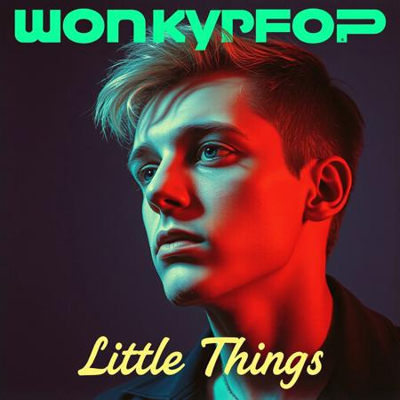 high quality design aesthetics, new wave, eighties, synthpop, detailed, pop album cover, young white man, artist name "WonkyPop", album title "Little Things"