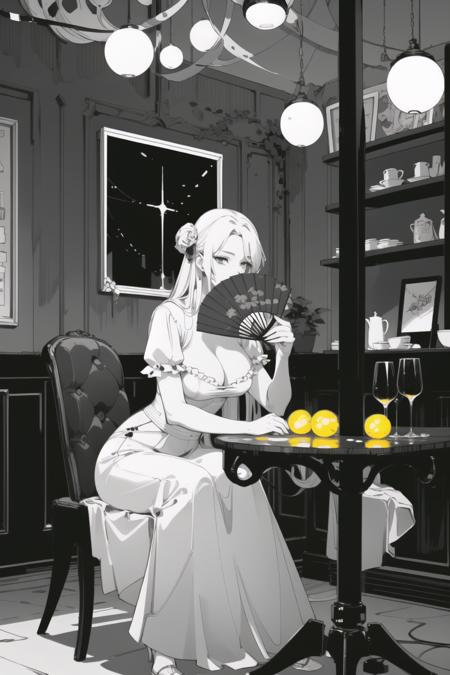 masterpiece, best quality, ebstyle, solo, a courtesan in a cafe sitting at a table, holding (large fan:1.3) to cover face, flirting, 1girl, monochrome, (yellow spot color:0.75), light bulb, indoors <lora:electric_bastionland-b2:0.9>