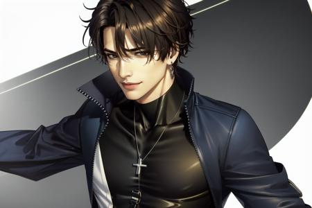 <lora:AkiFrontline:.7>1boy, male focus, brown hair, solo, jacket, dog tags, short hair, upper body, abs, brown eyes, looking at viewer, closed mouth, muscular, blue jacket, black shirt, covered abs, shirt, jewelry, bangs, necklace, bodysuit, smile, hair between eyes, open jacket, open clothes, black bodysuit, pectorals, skin tight, multicolored hair, grey eyes, shaded face , extremely detailed, (dynamic pose), <lora:shadedFaceEyesIn_shadedFace:.2>