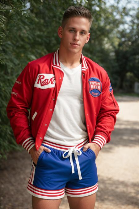 RAW photo, (male), 1boy, a photograph of jeremy_penn standing (varsity jacket shirt and shorts), <lora:Jeremy_Penn-09:0.8>, 8k uhd, dslr, soft lighting, high quality, film grain, Fujifilm XT3