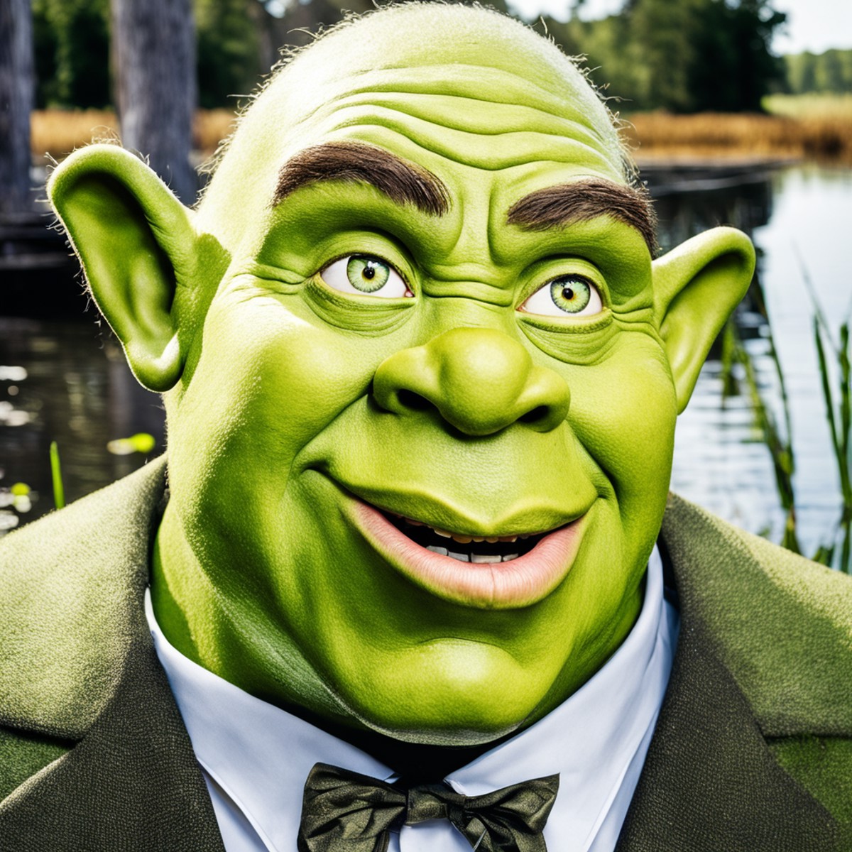 candid close up photo of a surprised Shrek business man, detailed skin texture, standing outside in a swamp,