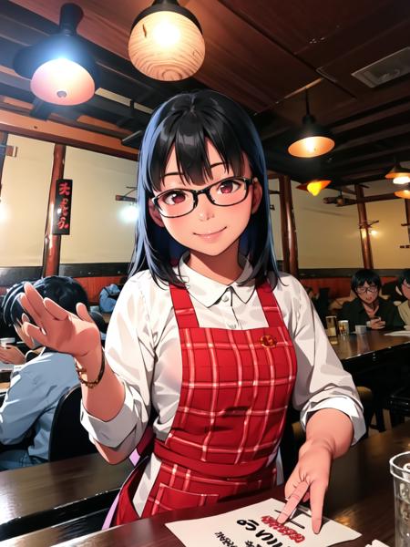 masterpiece, best quality, ultra-detailed, illustration,
murayakuba, izakaya, indoors, 1girl, apron, black hair,  glasses, plaid, pants, long sleeves, smile, holding, menu,
lamp, ceiling light, wooden floor, poster (object), realistic,
<lora:Murayakuba:1>